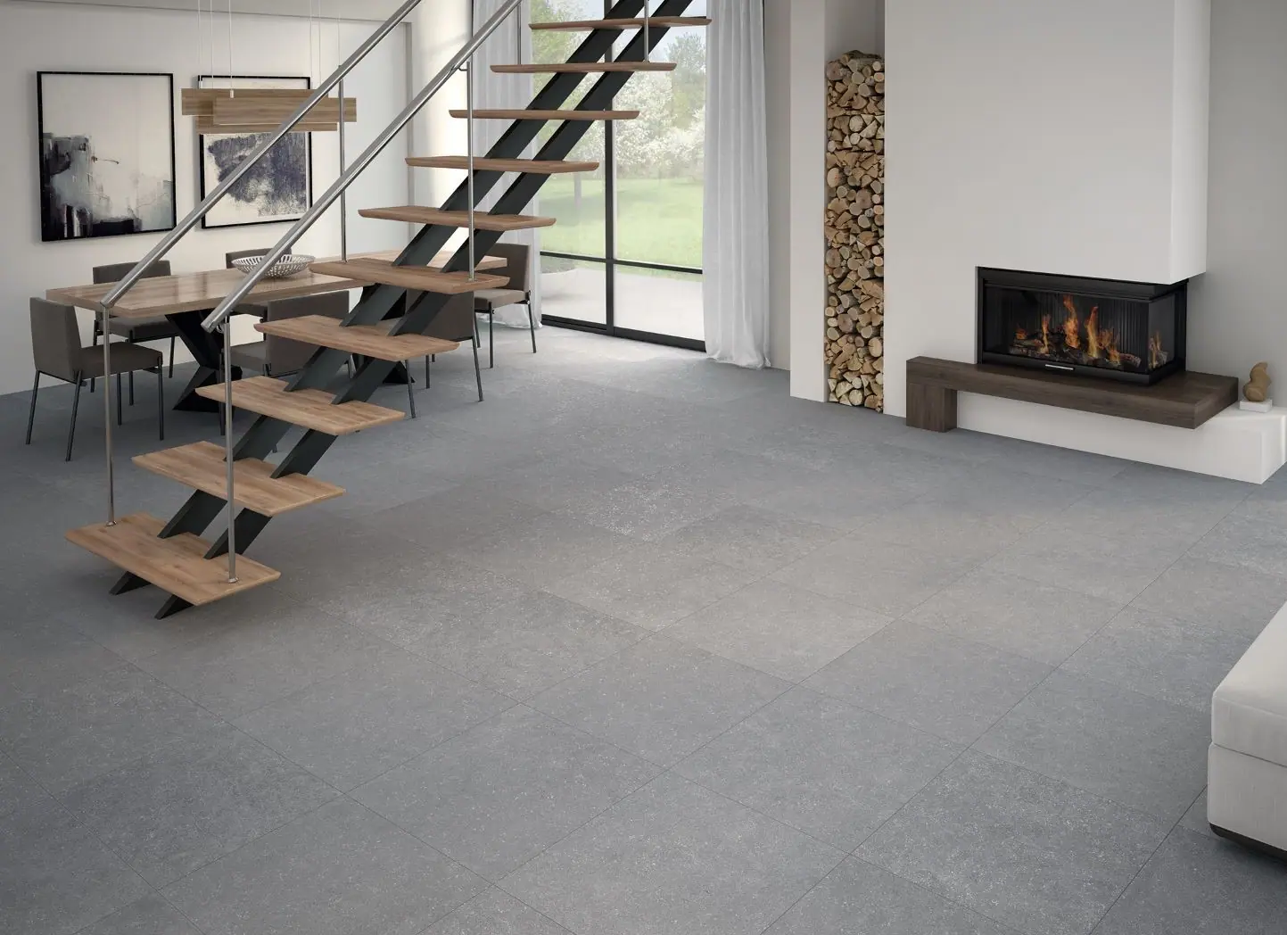 Woonruimte met grijze HDC Discover vloertegels 60x60 cm