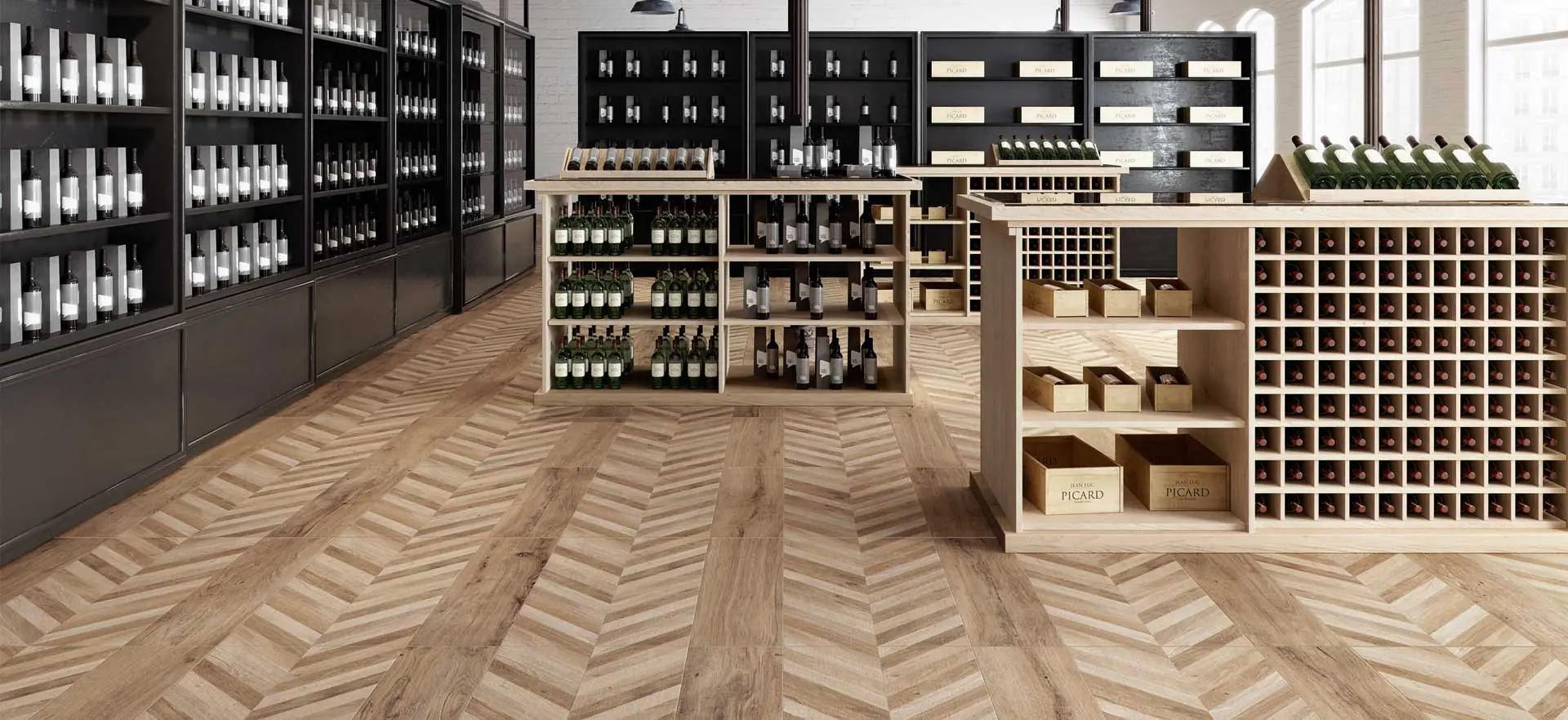 Keramische tegels in visgraat-parketlook Heritage in een winkelinterieur
