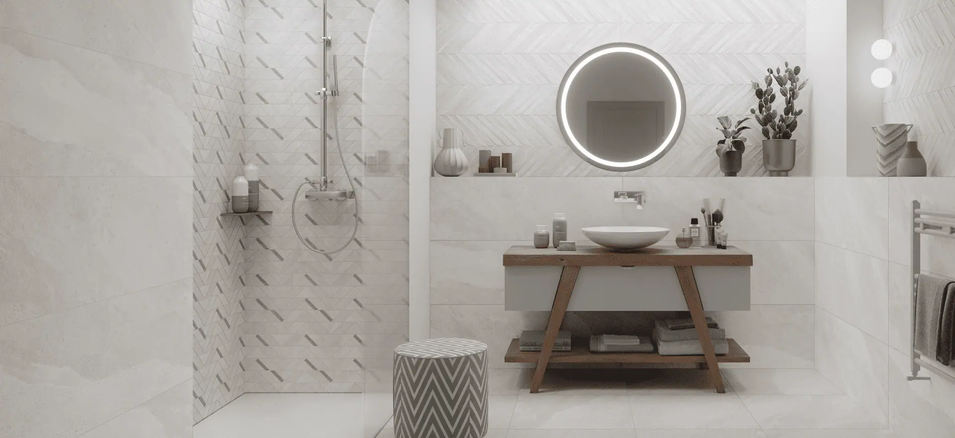 Lichte badkamer met witte Polis Sirius Polaris tegels en inloopdouche
