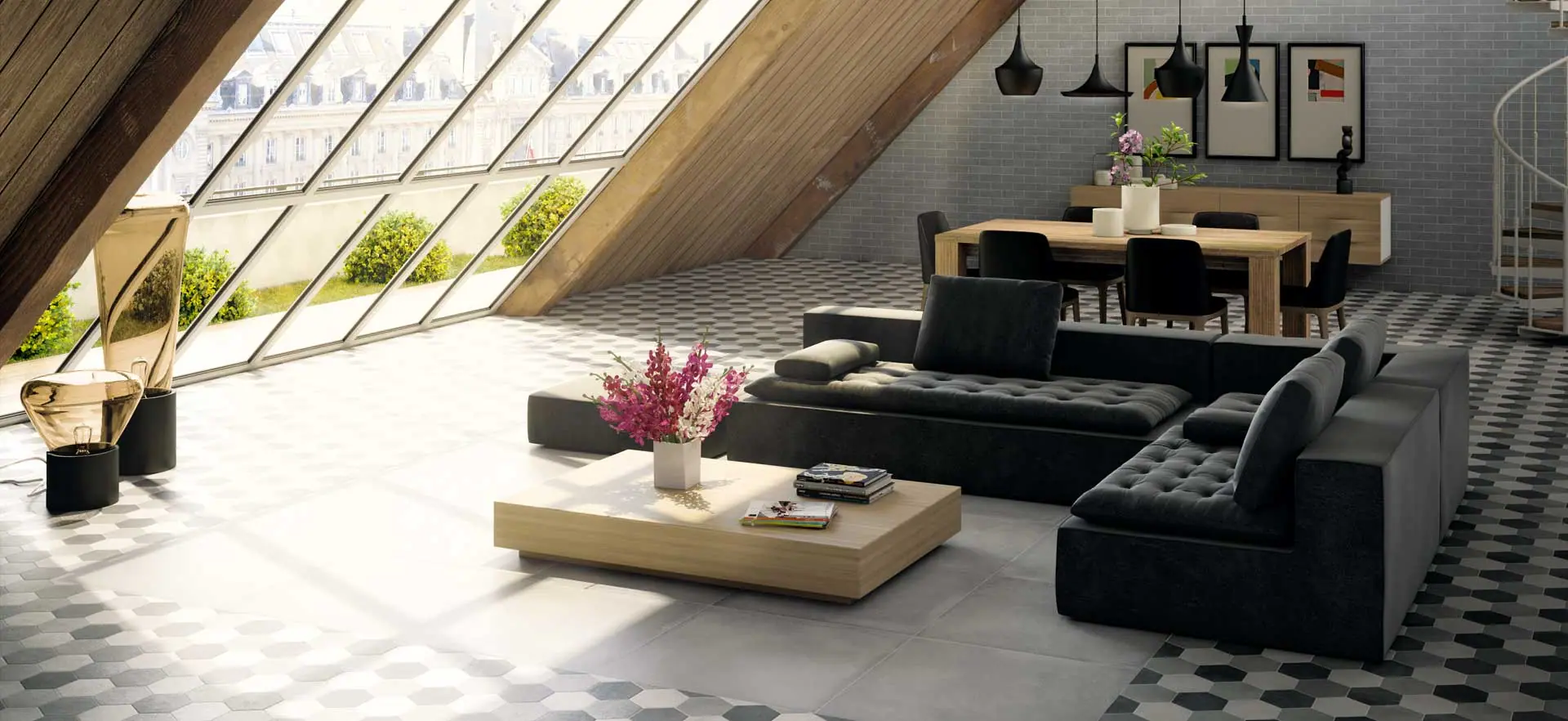 Woonkamer met grijze Durstone vloertegels in cementlook